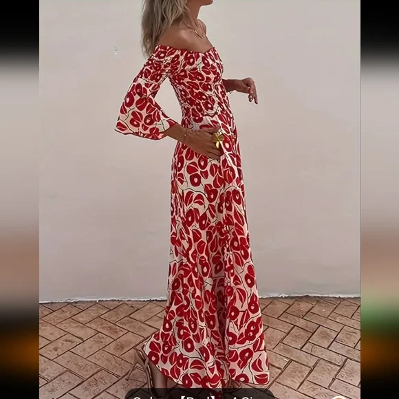 Beautiful boho maxi dress with 3/4 sleeve,  off shoulder, ruched top, full skirt - Picture 2 of 12